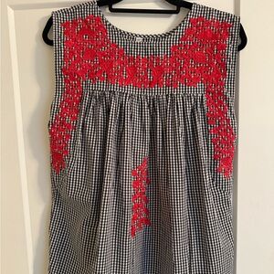 Black and White Gingham Top with Red Embroidery